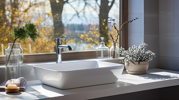 Photo stainless steel tap on a white ceramic hand basin