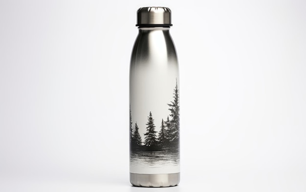 Фото Вид бутылки с водой из нержавеющей стали на белом фоне
