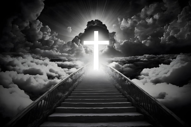 Лестница в небо с крестом в конце в облаках