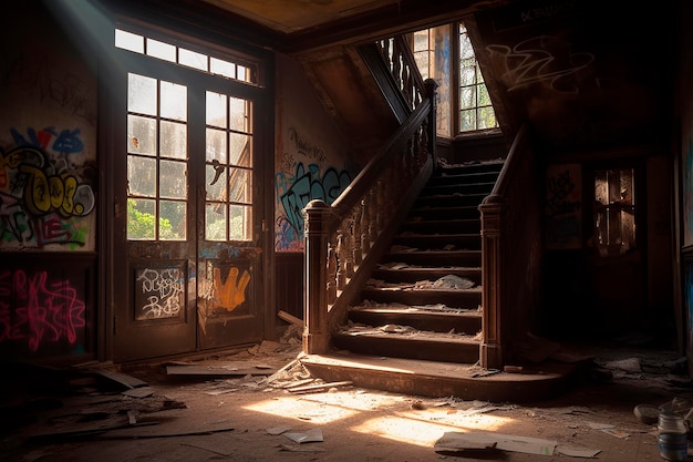 A staircase in an abandoned house with graffiti on the walls