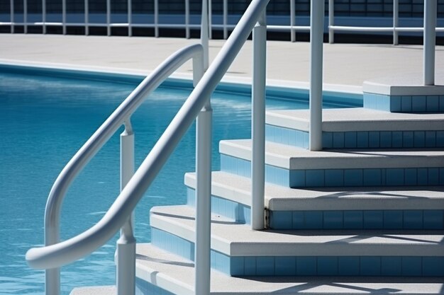 Staircase to the beautiful swimming pool with blue water