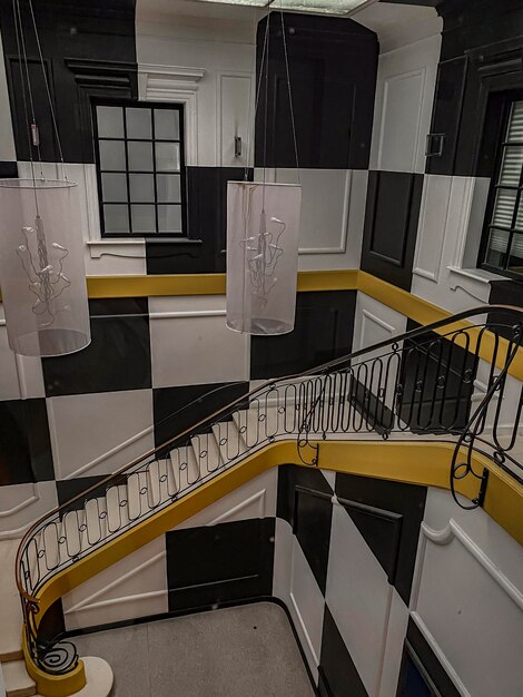 Staircase in a building with a black and white pattern