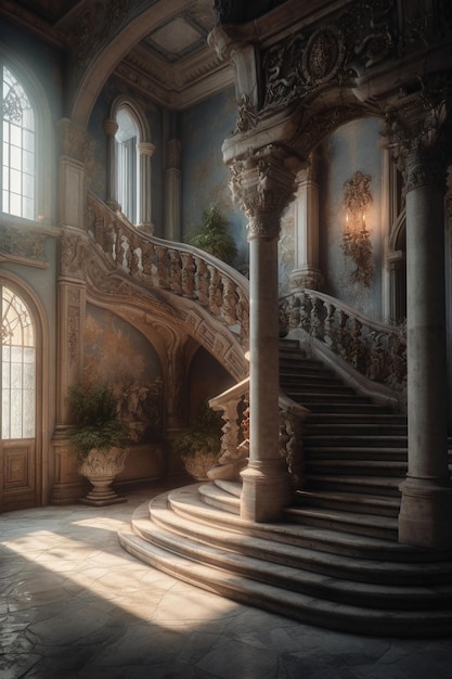 A staircase in a castle with a plant in the corner