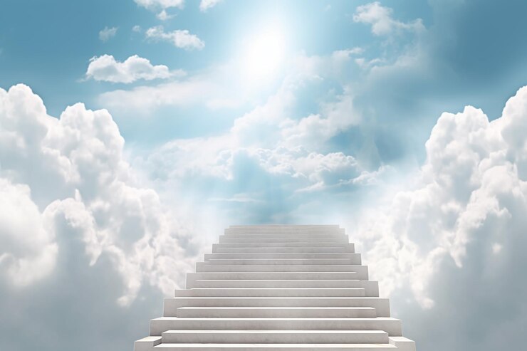 Photo a staircase extending into the sky with clouds above and a bright light against a white background