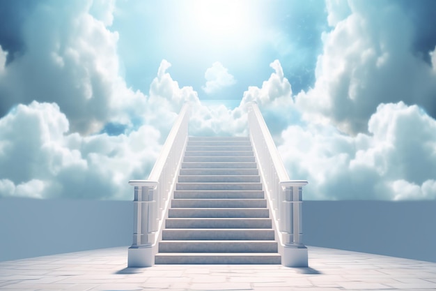 Photo a staircase extending into the sky with clouds above and a bright light against a white background