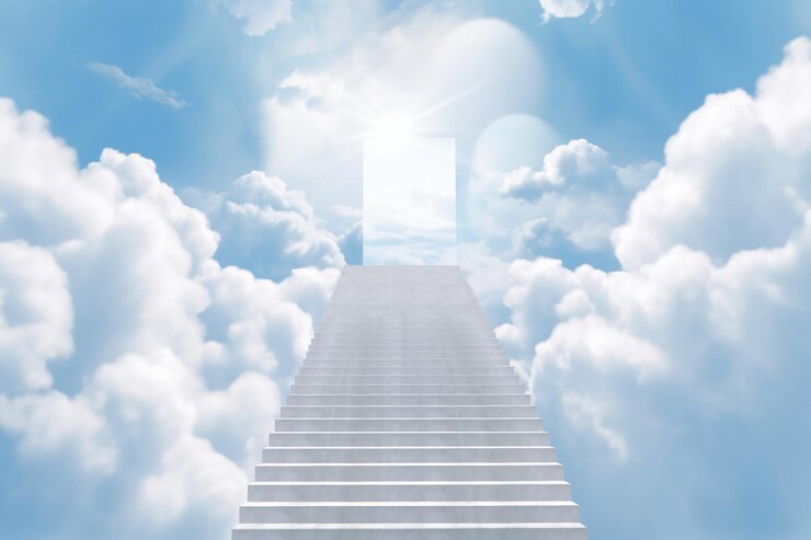 Photo a staircase extending into the sky with clouds above and a bright light against a white background