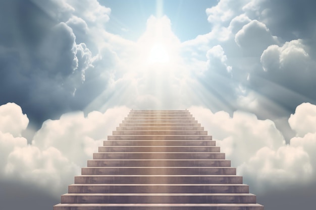 A staircase extending into the sky with clouds above and a bright light against a white background