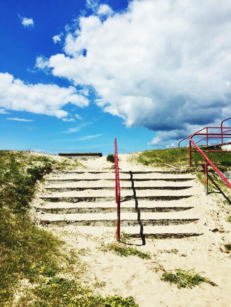 Staircase on field against sky