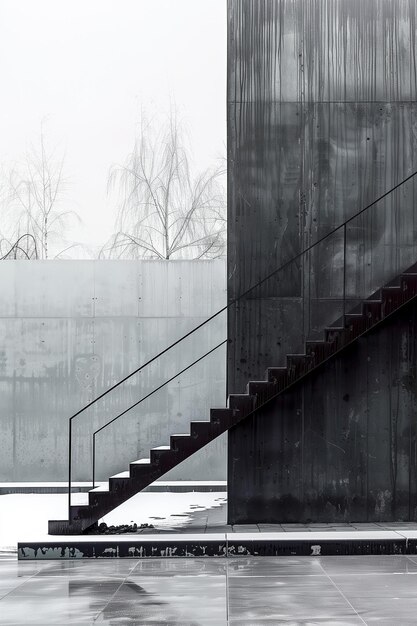 A staircase is shown in front of a building