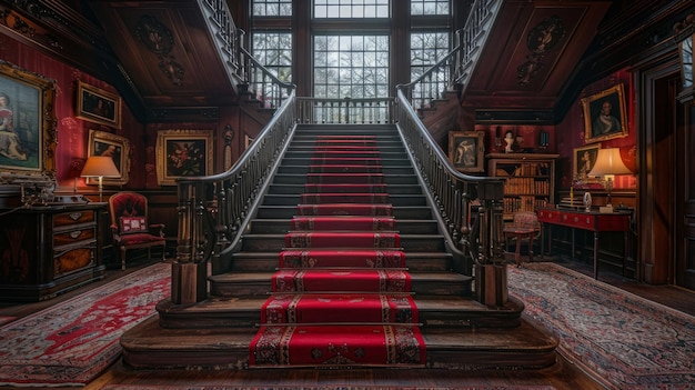 Staircase in Large Building With Red Carpet