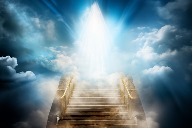 Staircase leading to heaven glowing holy cross at the top