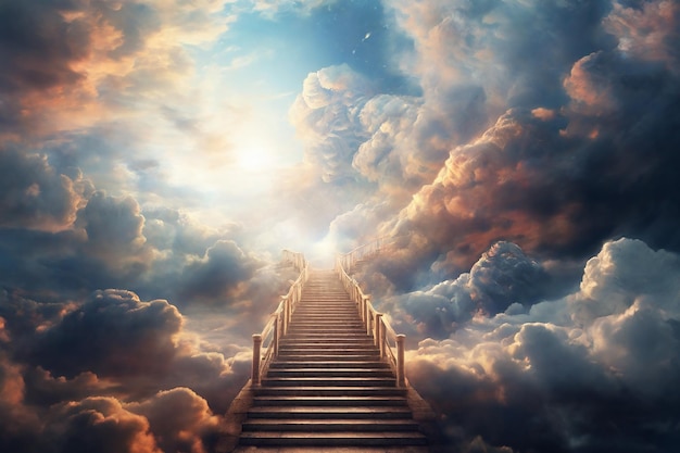 Staircase leading to heaven with clouds in the sky 3d rendering