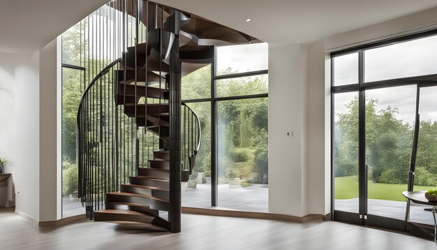 Photo a staircase leads to a large glass door and a staircase that leads to a garden