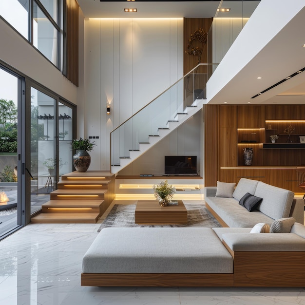 Photo staircase and living room in a modern house