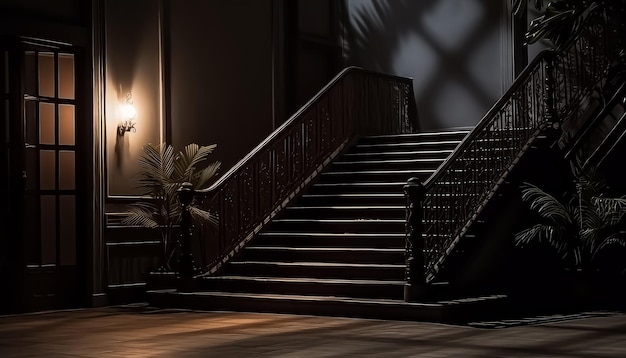 The staircase in the luxury house is wooden and dark