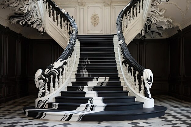 Photo a staircase made out of black and white paint ai generated