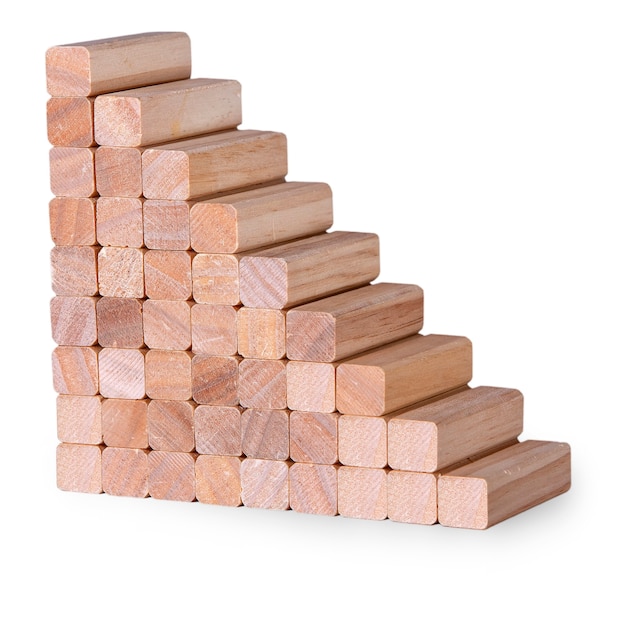 staircase made of wooden pegs on white.