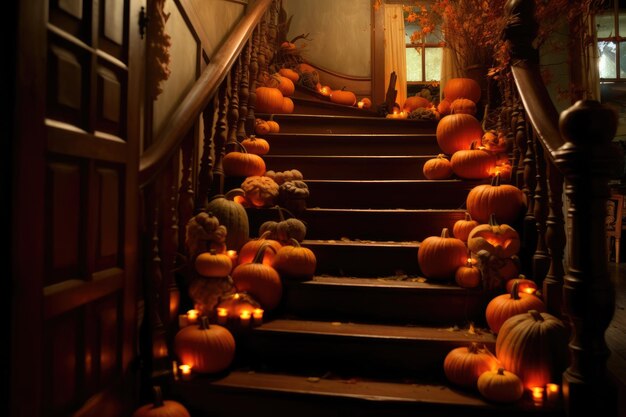 A staircase of an old Victorian house adorned with grinning pumpkins each one having a unique face Generative AI