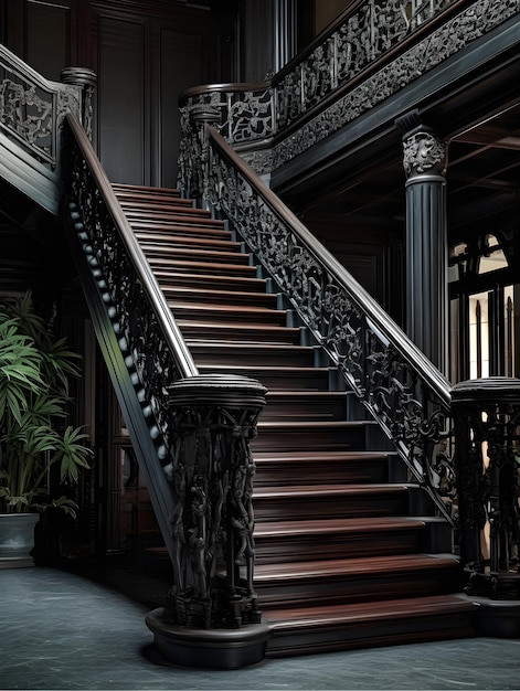 A staircase with a black iron railing and a large window with a plant in the corner