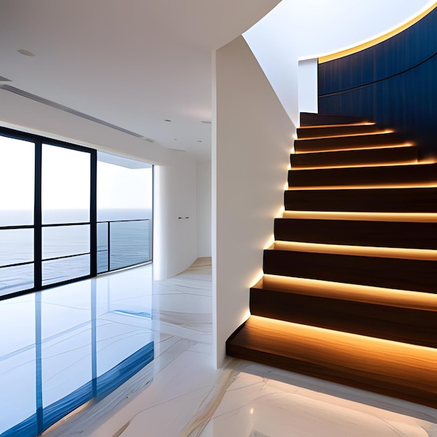 A staircase with a blue wall and black stairs with a blue wall and a black staircase with a blue wall and a white wall with a black railing.