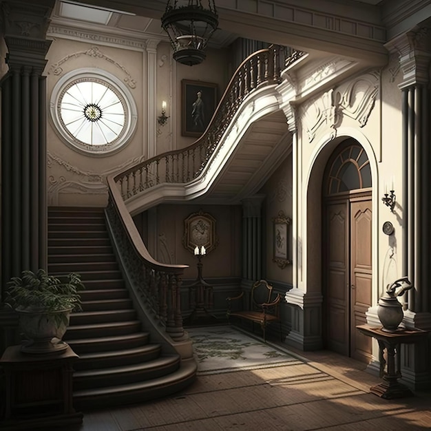 A staircase with a clock on the top of it