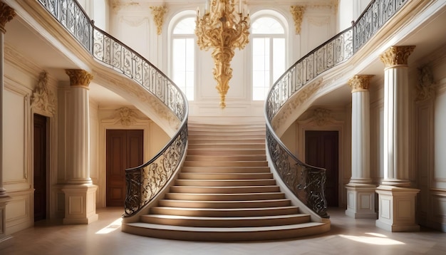 Photo a staircase with a gold decoration and a black railing