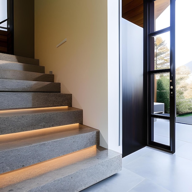 A staircase with a lighted area at the bottom of the stairs.