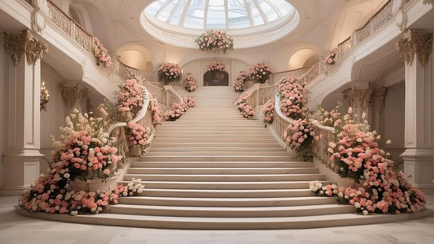 A staircase with pink and white flowers