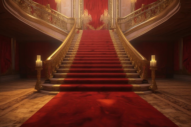 A staircase with a red carpet and a gold carpet