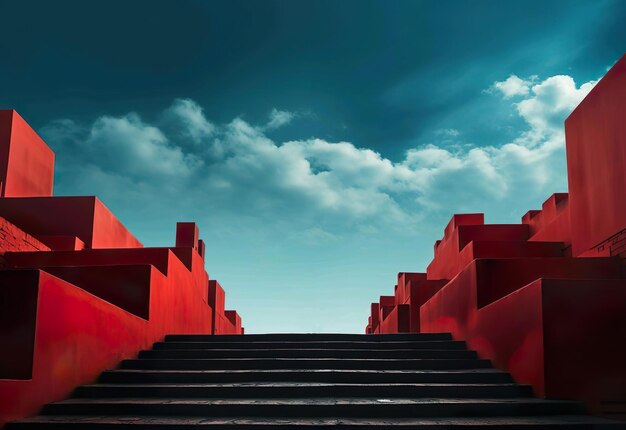 Staircase with red wall with sky view