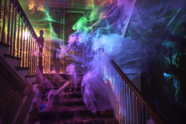 A staircase with smoke and a person in the background