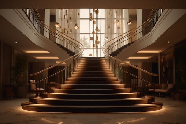 A staircase with a staircase leading up to a large window.