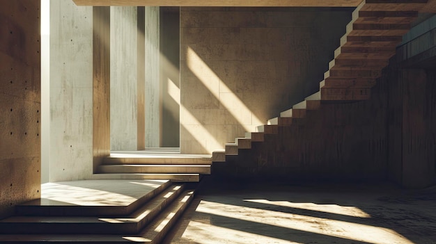 a staircase with a staircase and a wall with sunlight coming through the windows