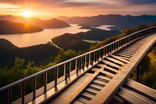 A staircase with a sunset in the background