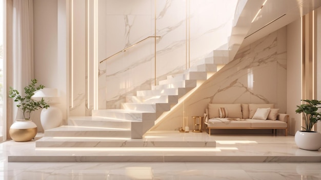 a staircase with a white marble floor and stairs with a white marble wall