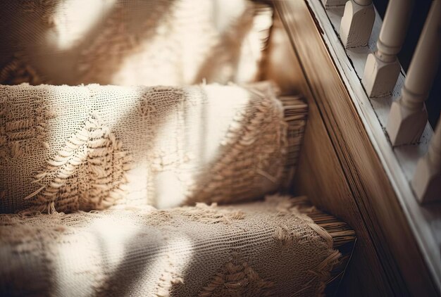 a staircase with white wood and a tan carpet along the stairs in the style of retro filters