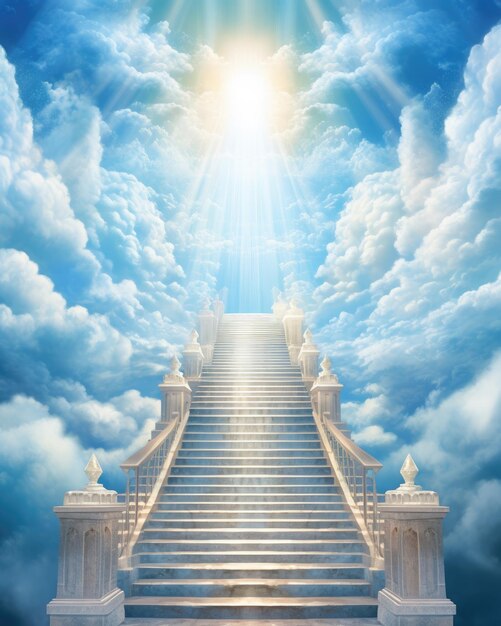 Photo stairs atop a cloud in the style of god rays