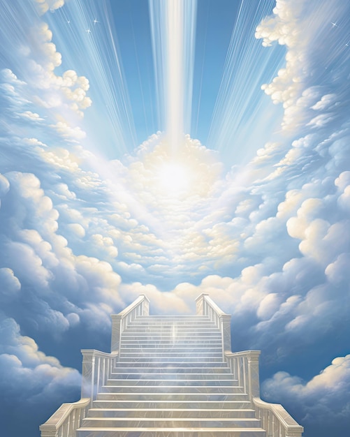 Photo stairs atop a cloud in the style of god rays