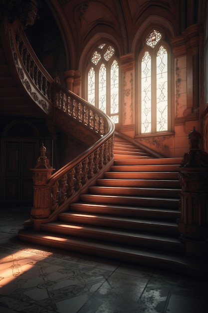 Stairs in a castle with the sun shining through the windows