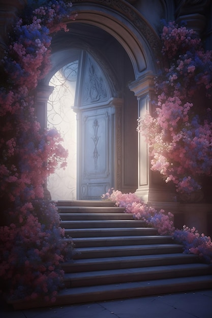 Stairs covered with fantasy flowers leading to door with light