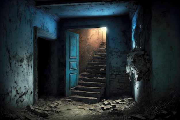 Stairs and dirty broken door in littered abandoned basement