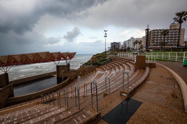 Stairs going down to the the stage at the outdoor theatre