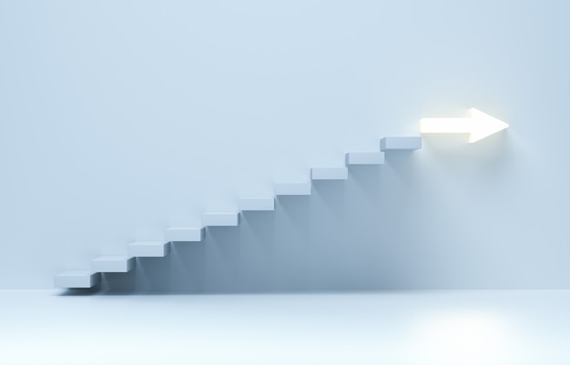 Photo stairs going upward, ascending stairs of rising staircase to arrow. business rise, forward achievement. 3d rendering.