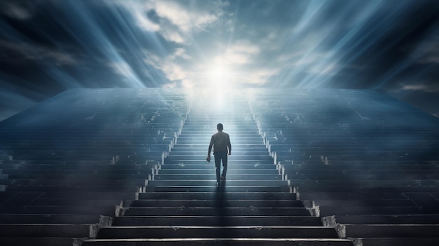 Stairs to heaven heading up to skies bright light from heaven door Concept art Epic lightBackground illustration of stairs on the way to heavenThe way to success concept Generative AI