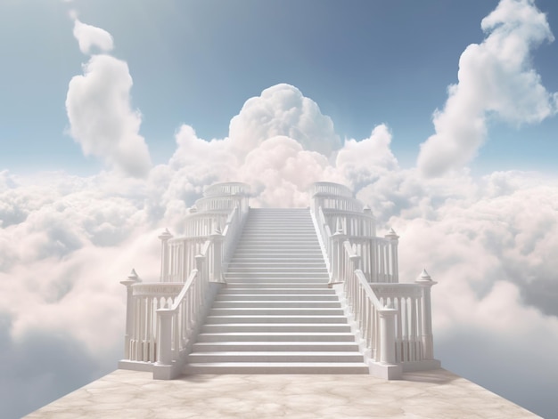 Stairs to heaven visualization Stone stairs going up to the cloudy sky visualization Bright light visible in clouds representing heaven Generative AI