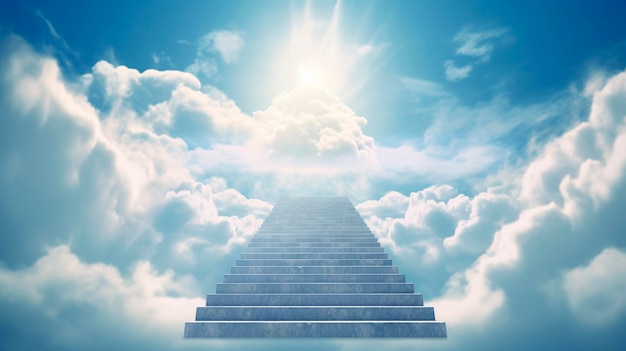 Stairs to heaven visualization Stone stairs going up to the cloudy sky visualization Bright light visible in clouds representing heaven Generative AI