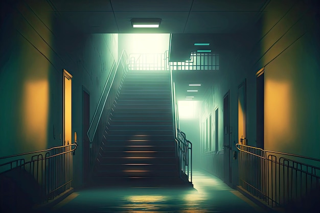 Stairs in hospital corridor with light burning at night