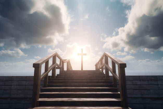 Stairs leading to the cross with the sun shining through the clouds