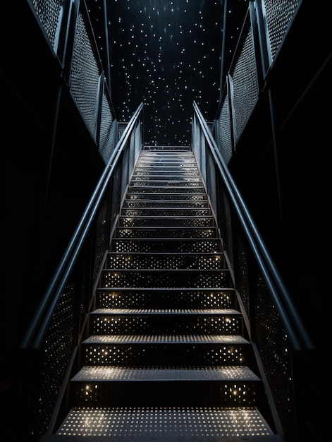 stairs leading to a dark room with a lot of stars generative ai