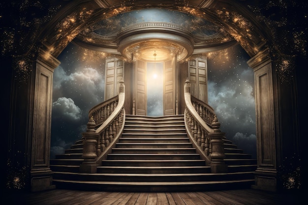 Stairs leading to a door in a fantasy castle